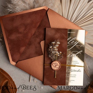 Faire-part de mariage en acrylique doré miroir, invitations en verre plexi automne, pochette en velours, ensemble de cartes de mariage élégant orange brûlé en terre cuite