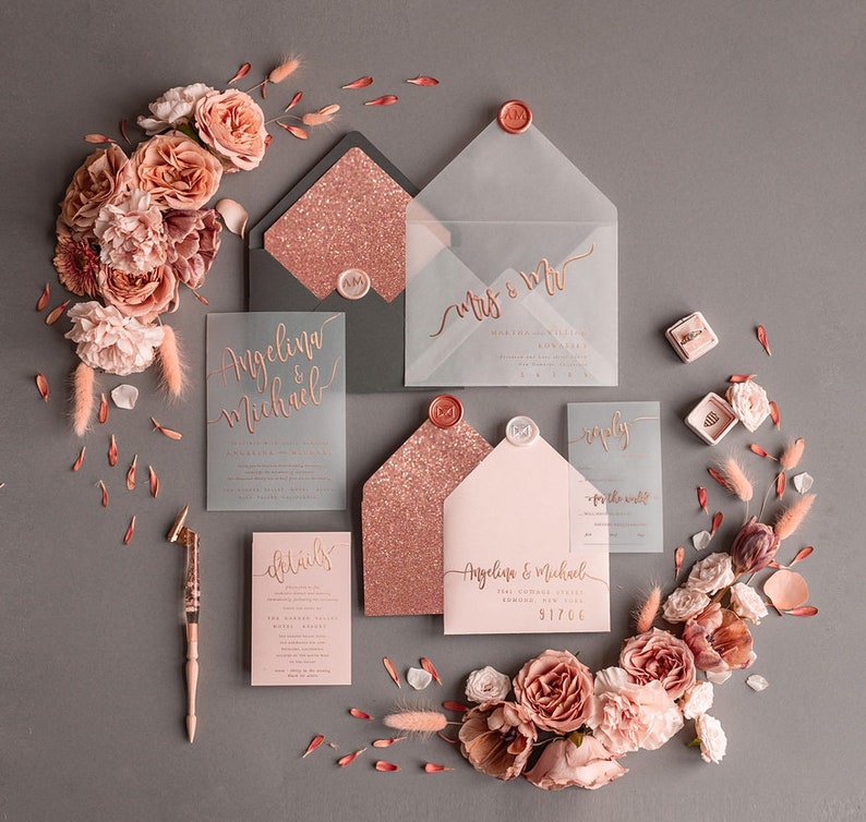 Glamour Shiny Rose Gold Foil Wedding Invitations Romantic image 1