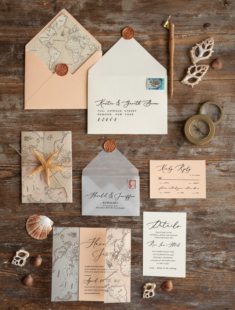 Bespoke Marine Beach Blush Wedding Invitations Vellum Wrapping Wedding Invites With Old Map, Custom Sea Starfish Travel Wedding Cards 20 Pcs image 6