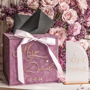 Ensemble de plaques-cadeaux et de cartes-cadeaux en velours mauve, boîte-cadeau de mariage classique en velours, boîte-cadeau pour de l'argent, boîte en or personnalisée, MvS