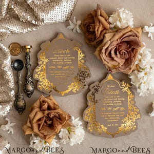 Vintage Baroque Wedding Invitation suite Beige Golden Wedding Invitations Victorian wedding crest Chinoiserie Invites Royal Ornamental frame image 4