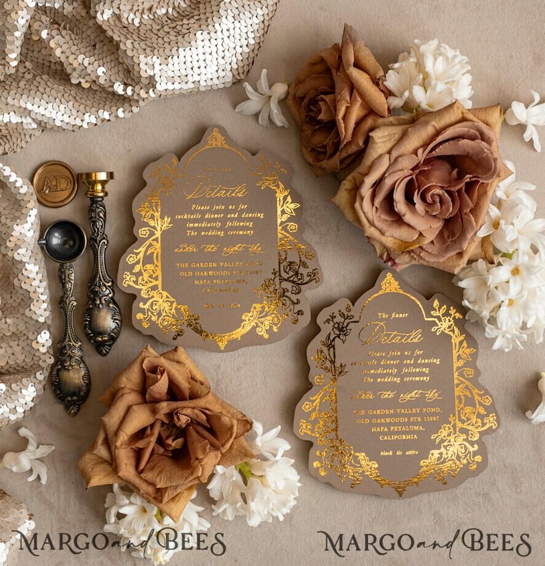 Vintage Baroque Wedding Invitation suite Beige Golden Wedding Invitations Victorian wedding crest Chinoiserie Invites Royal Ornamental frame image 4