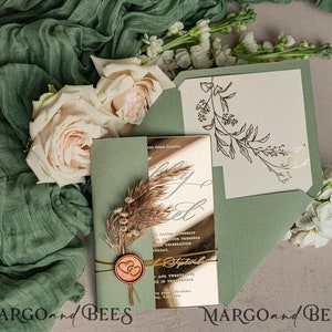 Sage Green Mirror gold Wedding Invitations, Elegant Garden Wedding Cards, Greenery Acrylic Pampass Grass Invites, Mirror Gold Plexi Wedding