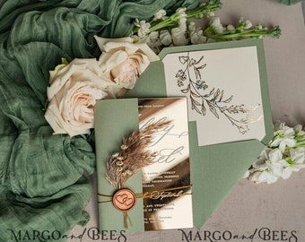 Faire-part de mariage vert sauge or miroir, cartes de mariage jardin élégantes, invitations verdure herbe de la pampa en acrylique, mariage miroir or plexi