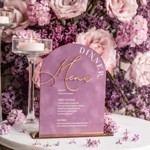Menú de cena de arco de terciopelo malva, cartel de caramelo de rosa polvorienta, menú de cena de boda de arco de mesa de plexiglás dorado, decoración de mesa de boda de lujo, MvS
