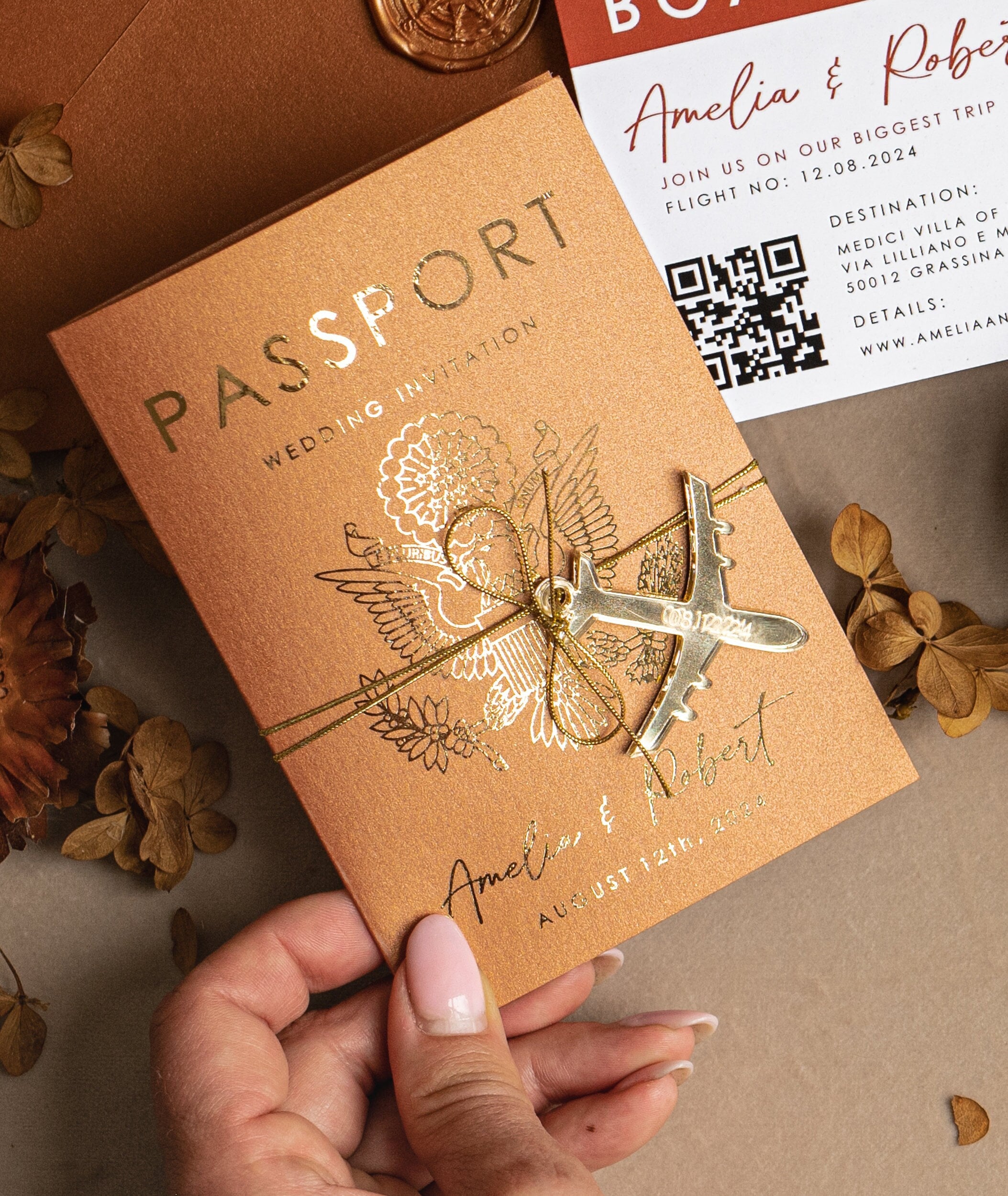 Terracotta Gold Passport Wedding Invitation, Map Wedding Cards Boarding Pass, Burnt Orange Passport Cards Abroad, Destination Invites