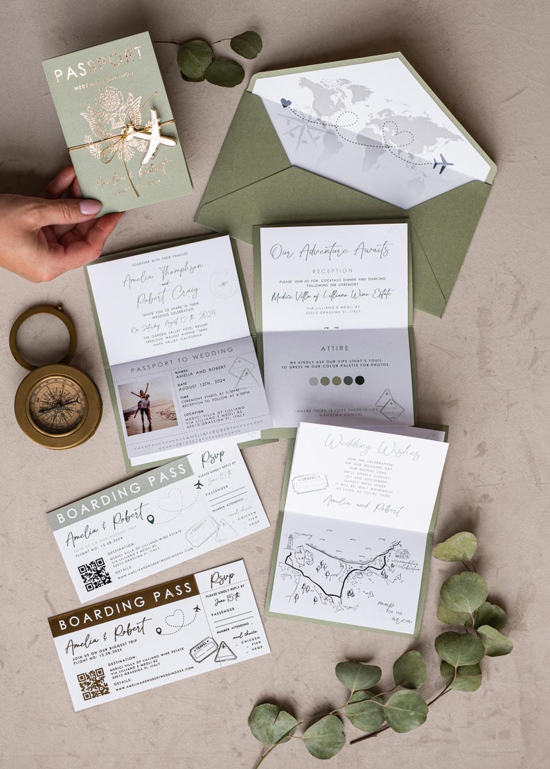 Destination Wedding Passport Invitations Sage Green – Boarding Pass Invite Tuscany Style bild 2