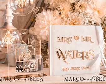 Pure White Gold Acrylic Wedding Guest Book Personalised and sign set, Velvet Instant Photo Book Elegant Instax Wedding Photo Guestbook,dArch