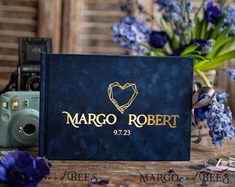 Navy Gold Instax velvet Wedding GuestBook, Dark Blue Golden Large Instant Wedding Guest Book, Navy Polaroid velvet Guestbook