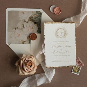 Elegant Ivory Rose Wedding Invitations – Fine Art Deckled Edge Gold Invitation Suite image 3