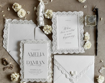 Lace Wedding Invitation Suite Vintage, Elegant Off white Wedding Invites, Printed Wedding Invitations with rsvp