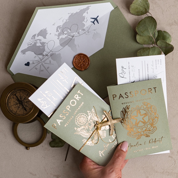 Sage Green Passport Wedding Invitation, Wedding Cards Boarding Pass, Tuscany Passport Wedding Invitations Abroad, Destination Wedding Invite