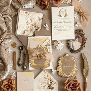 Vintage Baroque Wedding Invitation suite Beige Golden Wedding Invitations Victorian wedding crest Chinoiserie Invites Royal Ornamental frame image 6