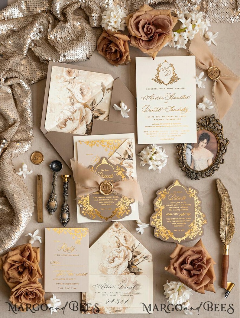 Vintage Baroque Wedding Invitation suite Beige Golden Wedding Invitations Victorian wedding crest Chinoiserie Invites Royal Ornamental frame image 6