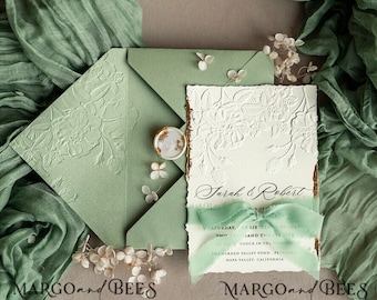 Bespoke Embossed Blind Sage green, Golden Wedding Invitation greenery deboss Roses Floral Wedding Invitation Boho Garden Invitation suite