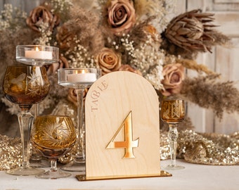 Rustic Wood Arch Wedding Table Numbers, Wooden Gold Plexi Table Numbers, Country Barn Wedding Table Decor, Wood Golden table numbers, wdGPx