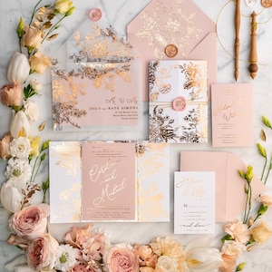 Elegant Gold Wedding Invitations elegant boho Invites Blush Pink Wedding Invites Golden Vellum Luxury Invitation Suite modern Crads set