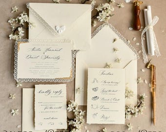 Personalized Golden Wedding Invitations with Vintage Lace, Elegant Ivory Wedding Invite Suite, Luxury Classic Wedding Invitations