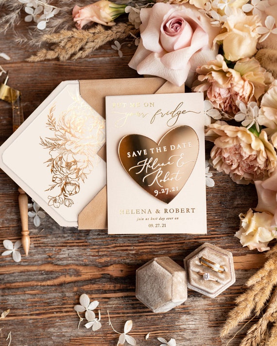 Personalised Gold Acrylic Save the Date Magnet Card Gold Wedding