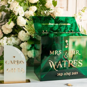 Elegante conjunto de casamento verde caixa de cartão de acrílico com cadeado e assinar cartões e presentes, caixa de cartão personalizada, caixa de cartão de casamento de acrílico verde, sGA