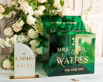 Elegant Green wedding Set acrylic card box with Lock and sign cards & gifts, Personalized Card Box, Greenery Acryl Wedding Card Box, sGA