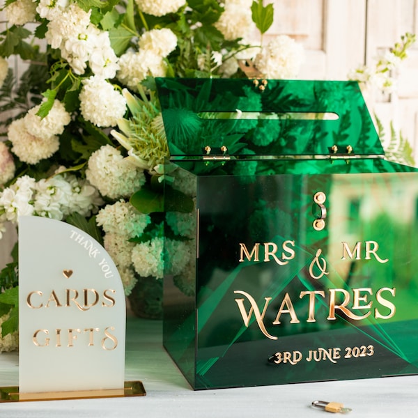 Elegant Green wedding Set acrylic card box with Lock and sign cards & gifts, Personalized Card Box, Greenery Acryl Wedding Card Box, sGA