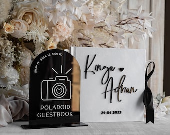 Black And White Velvet Wedding Guest Book, White Instant Photo Book Boho Elegant Instax Wedding Photo Book,Gloss Black Acrylic Sign Polaroid