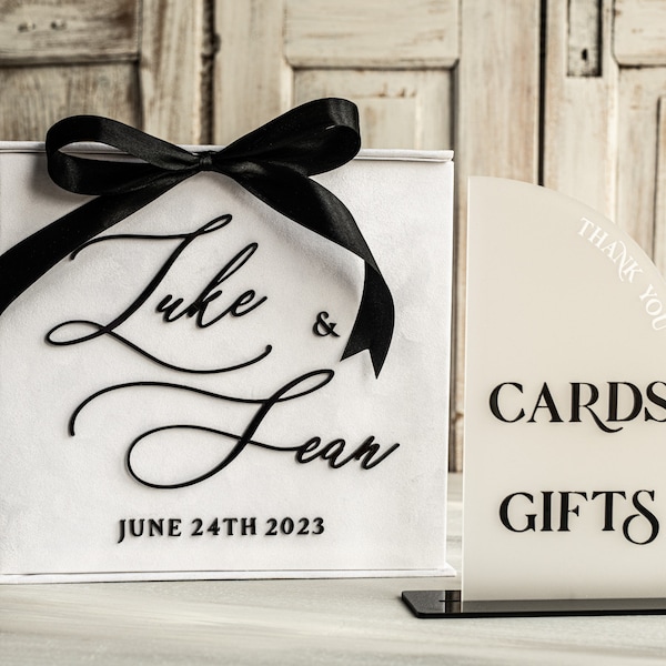 Black & White Gift Card Box Cards Gifts Sign Set, Velvet Classic wedding wishing well gift card box, Personalized Wedding Card Box, BWs