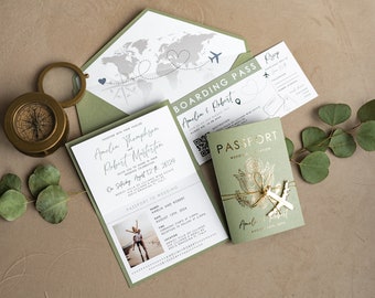 Sage Green Gold Passport Wedding Invitation, Map Wedding Cards Boarding Pass, Sage Green Passport Cards Abroad, Destination Invites