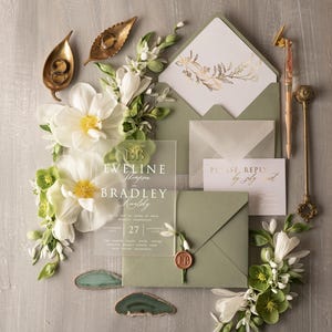 Sage Green Frosted Acrylic Wedding Invitations with Gold – Plexi Glass Invite Suite Tuscany Wedding