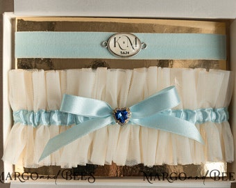 Set of Two gartes, personalised wedding garter in box, something blue tulle garter & toss set garter for bride, bridal shower gift for bride