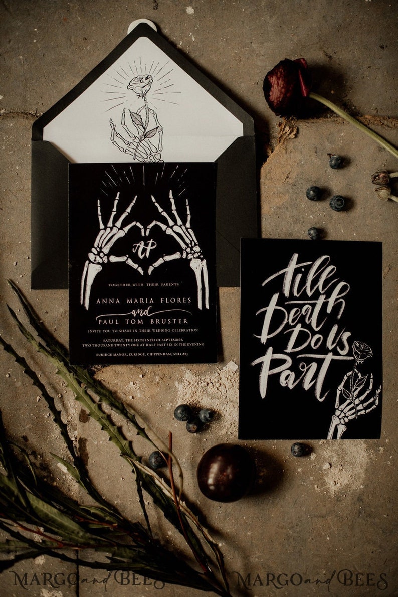 Halloween Wedding Invitations Suite, Black Invitations, Spooky Halloween Invites Gothic Wedding Invitation Cards, Skeleton Wedding Set black, halloween wedding suite till death do us part