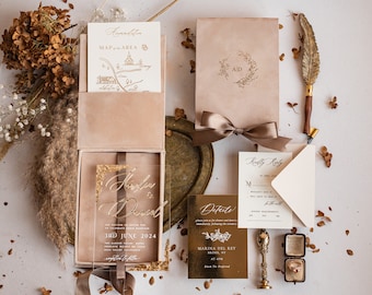 Beige Velvet wedding invitation box, Glamour Beige Velvet Wedding Invitation Suite, Gold Foil Wedding Stationery, Clear acrylic Set