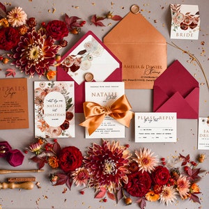 Faire-parts de mariage élégants en terre cuite, faire-part de mariage en terre cuite abordables, suite de faire-part de mariage élégant et romantique, cartes de mariage