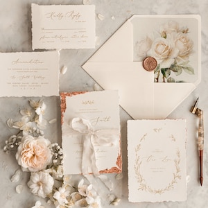 Fine Art Wedding Invitations, Deckled Golden Edge Wedding Invites, Elegant Ivory Wedding Invitation Suite, Vintage Wedding Cards