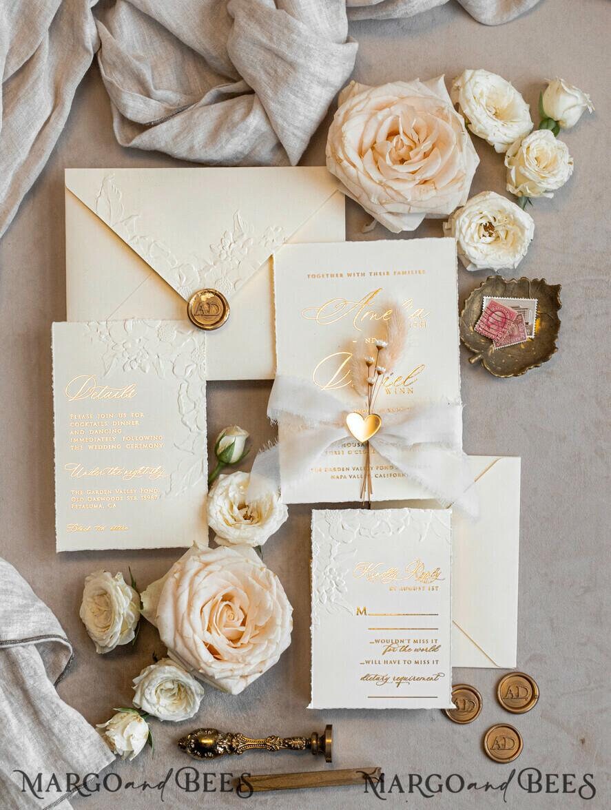Fine Art Embossed Blind Ivory Golden Wedding Invitation torn chiffon bow and dried flowers, debossed Floral Wedding Invites mirror heart