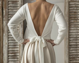 Boléro de mariage blanc cassé, haussement d’épaules de mariage pour femmes à manches longues sans dos, couverture de pull de mariée, chemisier de mariée, haussement d’épaules, pull lisse