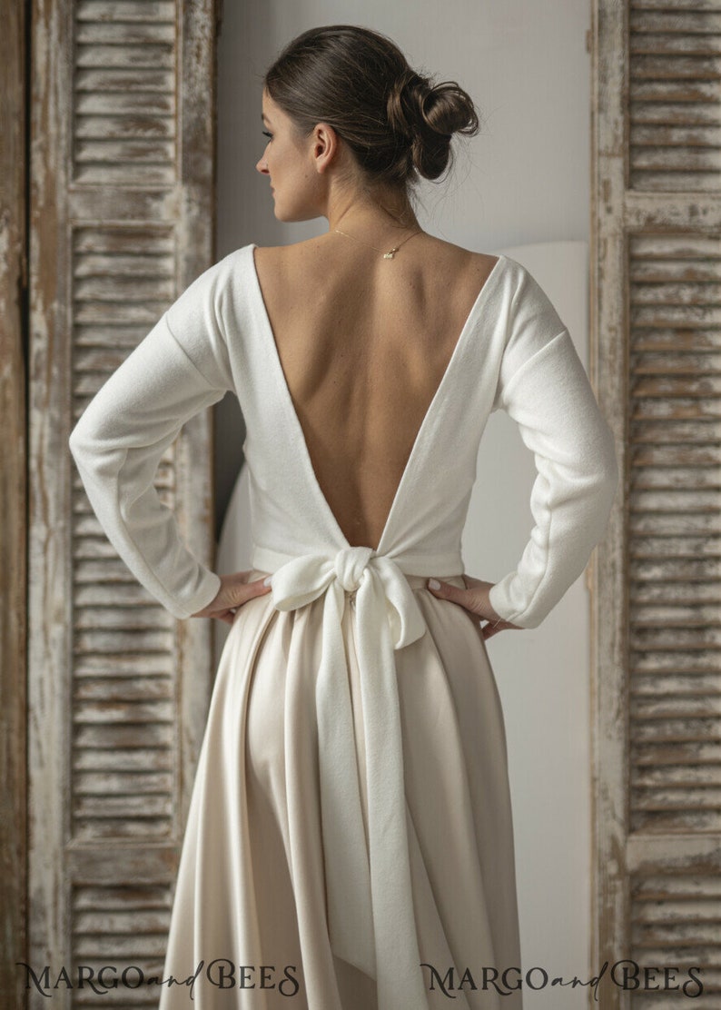 Off-white Wedding bolero, Backless Long Sleeve Women's Wedding Shrug, Bridal Sweater Cover, Bridal Blouse, Shrug, Smooth sweater