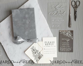 Luxus Silberfolie Hochzeit Einladungsbox, Acryleinladung in Samtbox, Romantische Samthochzeitskarten