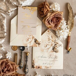 Vintage Baroque Wedding Invitation suite Beige Golden Wedding Invitations Victorian wedding crest Chinoiserie Invites Royal Ornamental frame image 5