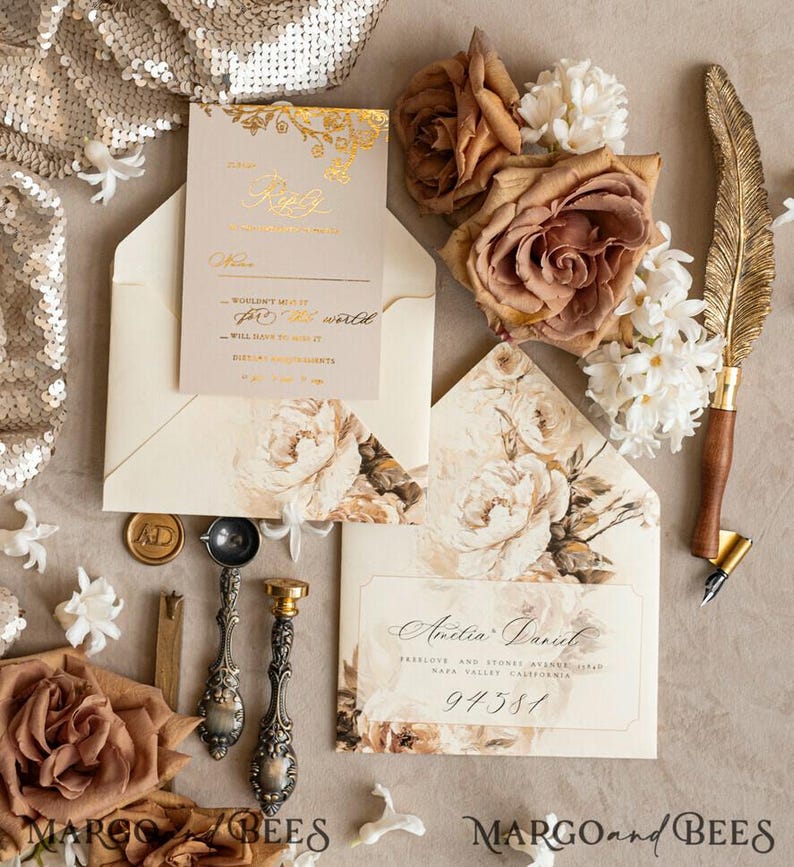 Vintage Baroque Wedding Invitation suite Beige Golden Wedding Invitations Victorian wedding crest Chinoiserie Invites Royal Ornamental frame image 5