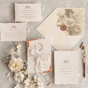 Fine Art Wedding Invitations, Deckled Golden Edge Wedding Invites, Elegant Ivory Wedding Invitation Suite, Vintage Wedding Cards