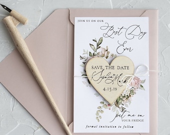 Romantic Wedding Save The Date Cards, Wood Heart Magnet, Pink Rustic Save The Dates With Flower Graphic, Floral Save The Dates Set Of 20