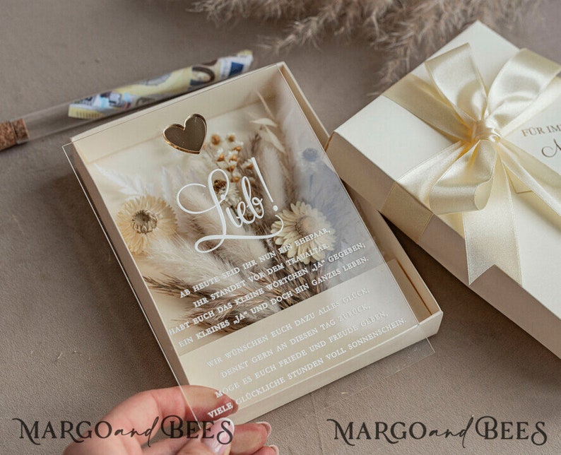 Geschenkschachtel für Geld Geldgeschenk zur Hochzeit mit Strauß aus Trockenblumen personalisiert Geschenk für Brautpaar Reagenzglas für Geld