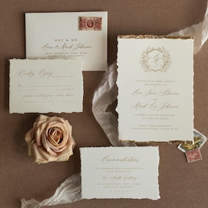 Elegant Ivory Rose Wedding Invitations – Fine Art Deckled Edge Gold Invitation Suite image 5