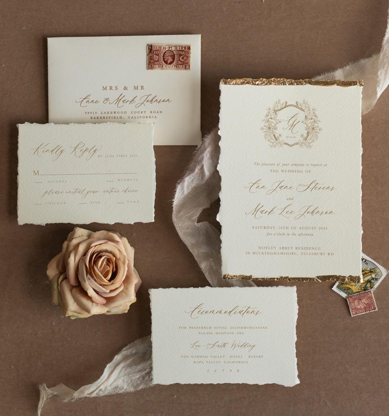 Elegant Ivory Rose Wedding Invitations – Fine Art Deckled Edge Gold Invitation Suite image 5