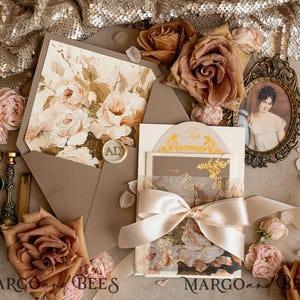 Vintage Baroque Wedding Invitation suite Beige Golden Wedding Invitations Victorian wedding crest Chinoiserie Invites Royal Ornamental frame