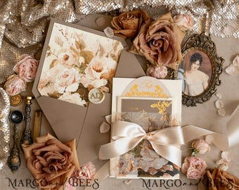 Vintage Baroque Wedding Invitation suite Beige Golden Wedding Invitations Victorian wedding crest Chinoiserie Invites Royal Ornamental frame