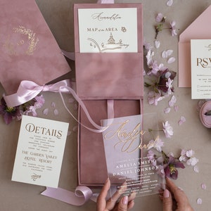Ensemble de faire-part de mariage rose poudré, boîte de luxe pour suite de faire-part de mariage en plexi doré 3D, élégantes cartes de mariage en velours bohème,