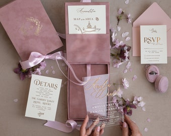 Blush Pink Boxed Hochzeitseinladungs-Set, 3D goldene Plexi Hochzeitseinladungssuiten-Luxusbox, elegante Boho Samt-Hochzeitskarten,